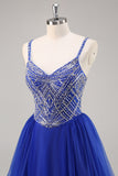 Royal Blue A Line Long Prom Dress com Missangas
