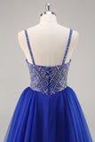 Royal Blue A Line Long Prom Dress com Missangas