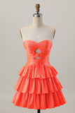 Laranja Strapless Tiered Uma linha cortada Homecoming Dress com frisos