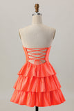 Laranja Strapless Tiered Uma linha cortada Homecoming Dress com frisos