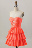 Laranja Strapless Tiered Uma linha cortada Homecoming Dress com frisos