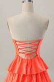 Laranja Strapless Tiered Uma linha cortada Homecoming Dress com frisos