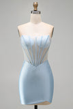 Vestido Curto de Regresso ao Casal, Corset Bodycon Bodycon Espartilho Azul Claro Sem Alças e Fenda