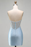 Vestido Curto de Regresso ao Casal, Corset Bodycon Bodycon Espartilho Azul Claro Sem Alças e Fenda