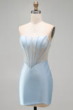 Vestido Curto de Regresso ao Casal, Corset Bodycon Bodycon Espartilho Azul Claro Sem Alças e Fenda