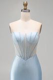 Vestido Curto de Regresso ao Casal, Corset Bodycon Bodycon Espartilho Azul Claro Sem Alças e Fenda
