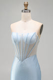 Vestido Curto de Regresso ao Casal, Corset Bodycon Bodycon Espartilho Azul Claro Sem Alças e Fenda