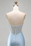Vestido Curto de Regresso ao Casal, Corset Bodycon Bodycon Espartilho Azul Claro Sem Alças e Fenda