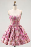 Fora do ombro estampado A-Line Corset Homecoming Dress