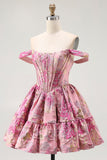 Fora do ombro estampado A-Line Corset Homecoming Dress