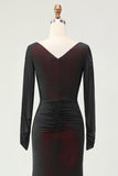 Preto vermelho Ruched bainha manga longa vestido de dama de honra com fenda