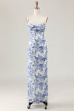 Bainha estampada branco azul flor longo vestido de casamento convidado