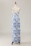 Bainha estampada branco azul flor longo vestido de casamento convidado