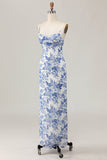 Bainha estampada branco azul flor longo vestido de casamento convidado