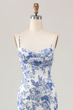 Bainha estampada branco azul flor longo vestido de casamento convidado