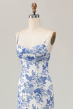 Bainha estampada branco azul flor longo vestido de casamento convidado