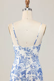 Bainha estampada branco azul flor longo vestido de casamento convidado