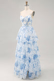 Flor azul branca Uma linha impressa vestido de dama de honra em camadas com fenda