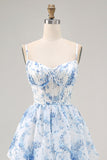 Flor azul branca Uma linha impressa vestido de dama de honra em camadas com fenda