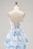 Flor azul branca Uma linha impressa vestido de dama de honra em camadas com fenda