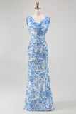 Flor azul capuz pescoço bainha estampada vestido longo dama de honra com fenda