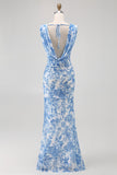 Flor azul capuz pescoço bainha estampada vestido longo dama de honra com fenda
