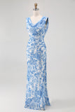 Flor azul capuz pescoço bainha estampada vestido longo dama de honra com fenda