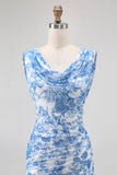 Flor azul capuz pescoço bainha estampada vestido longo dama de honra com fenda