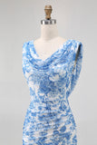 Flor azul capuz pescoço bainha estampada vestido longo dama de honra com fenda