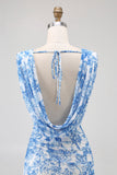 Flor azul capuz pescoço bainha estampada vestido longo dama de honra com fenda