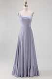 Dusty Blue A Line Long Bridesmaid Dress com renda-up Back