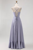 Dusty Blue A Line Long Bridesmaid Dress com renda-up Back