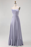 Dusty Blue A Line Long Bridesmaid Dress com renda-up Back