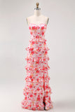 Rosa floral babado bainha longo vestido de casamento convidado com fenda