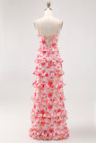 Rosa floral babado bainha longo vestido de casamento convidado com fenda