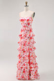 Rosa floral babado bainha longo vestido de casamento convidado com fenda