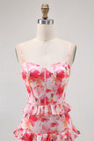Rosa floral babado bainha longo vestido de casamento convidado com fenda