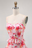 Rosa floral babado bainha longo vestido de casamento convidado com fenda