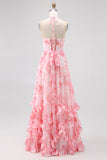 Blush frisado Halter estampado vestido de casamento floral convidado com fenda