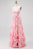 Blush frisado Halter estampado vestido de casamento floral convidado com fenda