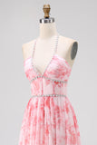 Blush frisado Halter estampado vestido de casamento floral convidado com fenda