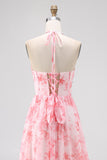 Blush frisado Halter estampado vestido de casamento floral convidado com fenda