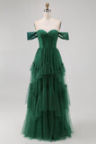 Tule Verde Escuro Tiered Ruffled Off The Shoulder A Line Vestido Madrinha
