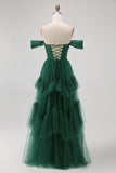 Tule Verde Escuro Tiered Ruffled Off The Shoulder A Line Vestido Madrinha