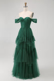 Tule Verde Escuro Tiered Ruffled Off The Shoulder A Line Vestido Madrinha