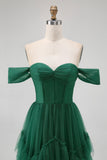 Tule Verde Escuro Tiered Ruffled Off The Shoulder A Line Vestido Madrinha