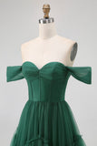 Tule Verde Escuro Tiered Ruffled Off The Shoulder A Line Vestido Madrinha