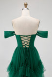 Tule Verde Escuro Tiered Ruffled Off The Shoulder A Line Vestido Madrinha