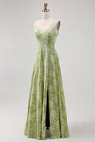 Sage Green Floral Uma linha vestido de dama de honra com fenda
