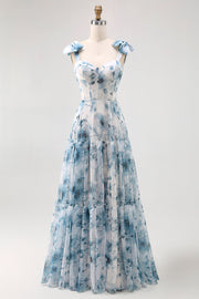 Flor azul estampada uma linha longo vestido de dama de honra com renda-up de volta